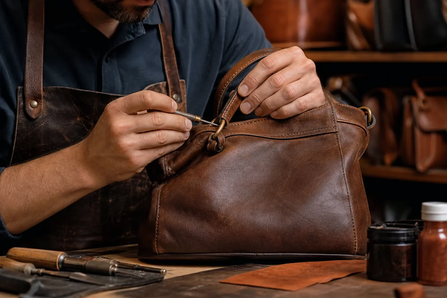 Sapateiro em Mauá reformando bolsa de couro.